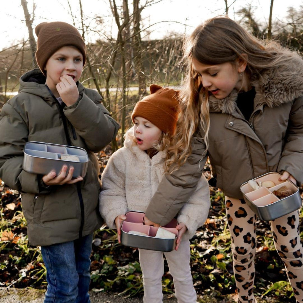 RVS lunchboxen met siliconen vakjes die gemakkelijk zelf in te delen zijn.