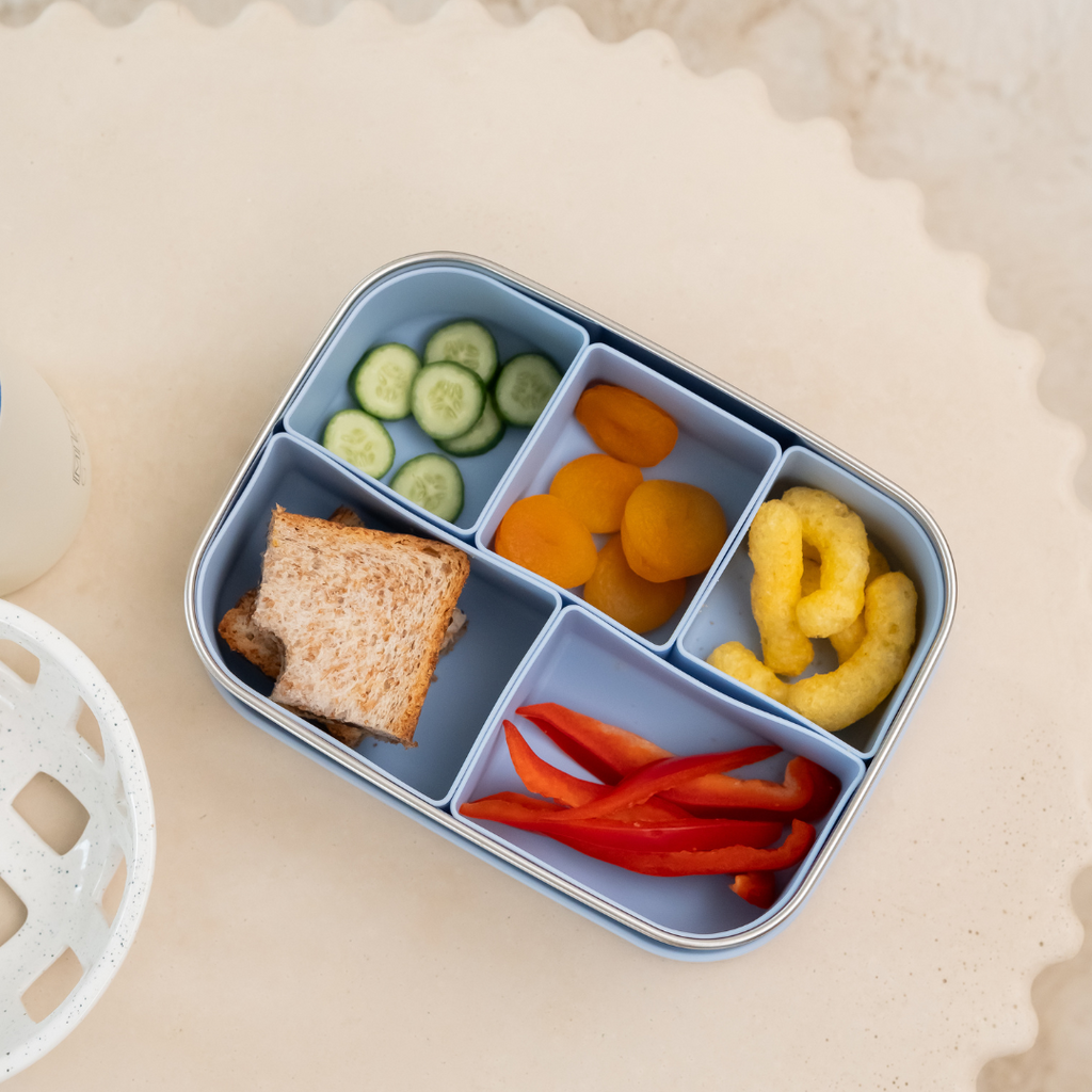 RVS lunchbox met uitneembare siliconen vakjes. Stel zelf de indeling samen en houd snacks gescheiden en vers