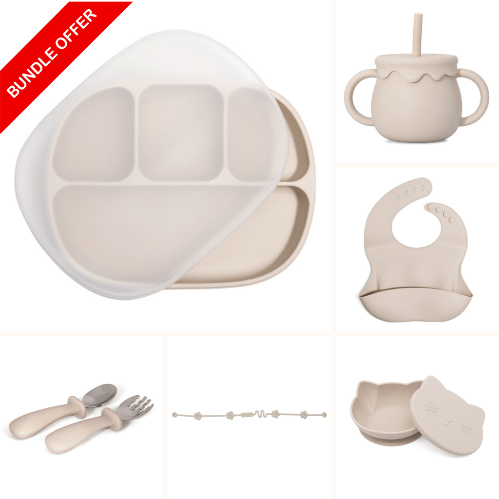 Voordeelset voor baby’s – siliconen slab en servies met zuignap + RVS bestek en speenkoord, BPA-vrij en praktisch