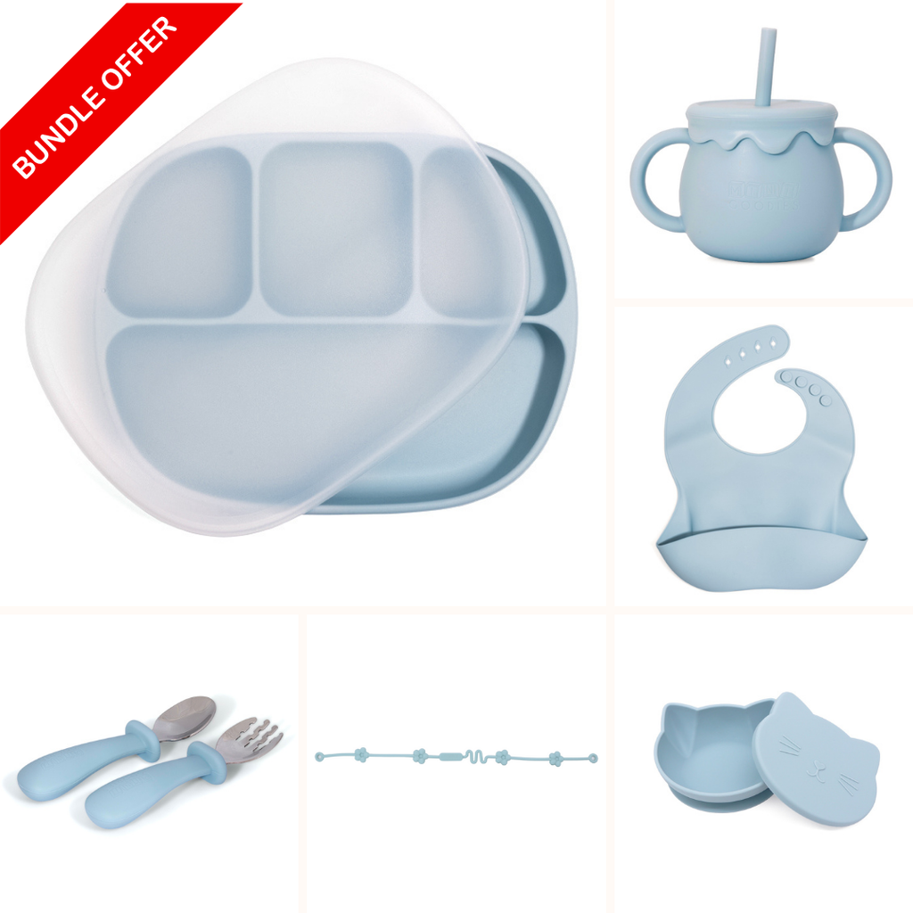 Premium baby eetset met antislip servies, ergonomisch RVS bestek en siliconen slab voor eerste hapjes