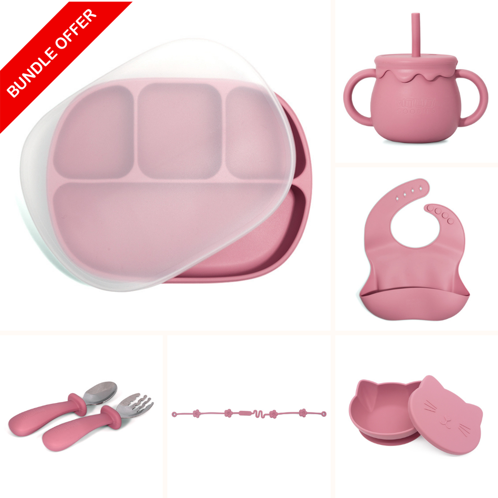 Duurzame baby eetset compleet met lekvrije slab, stevige zuignapkom en veilig speenkoord voor onderweg