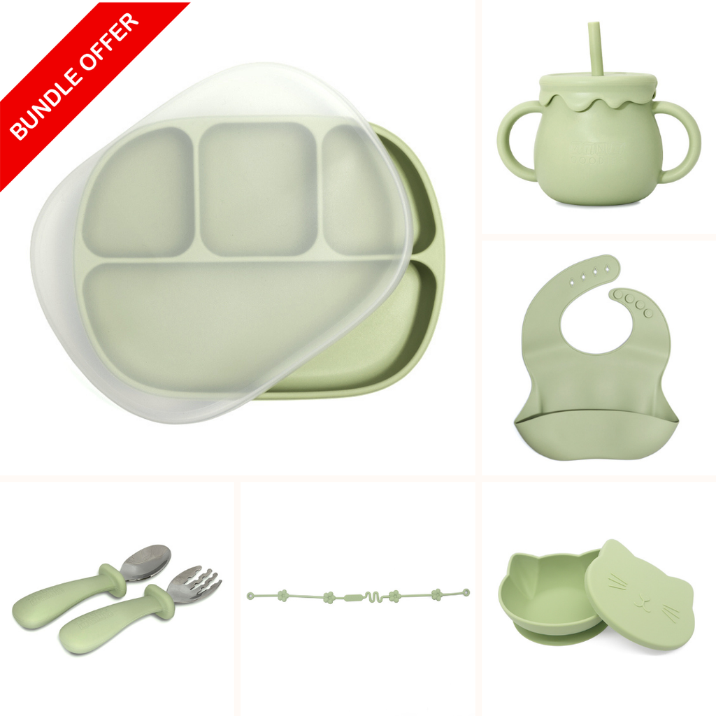 Complete kinderservies set met siliconen slab, zuignapbord, zuignapkom, RVS kinderbestek en siliconen speenkoord