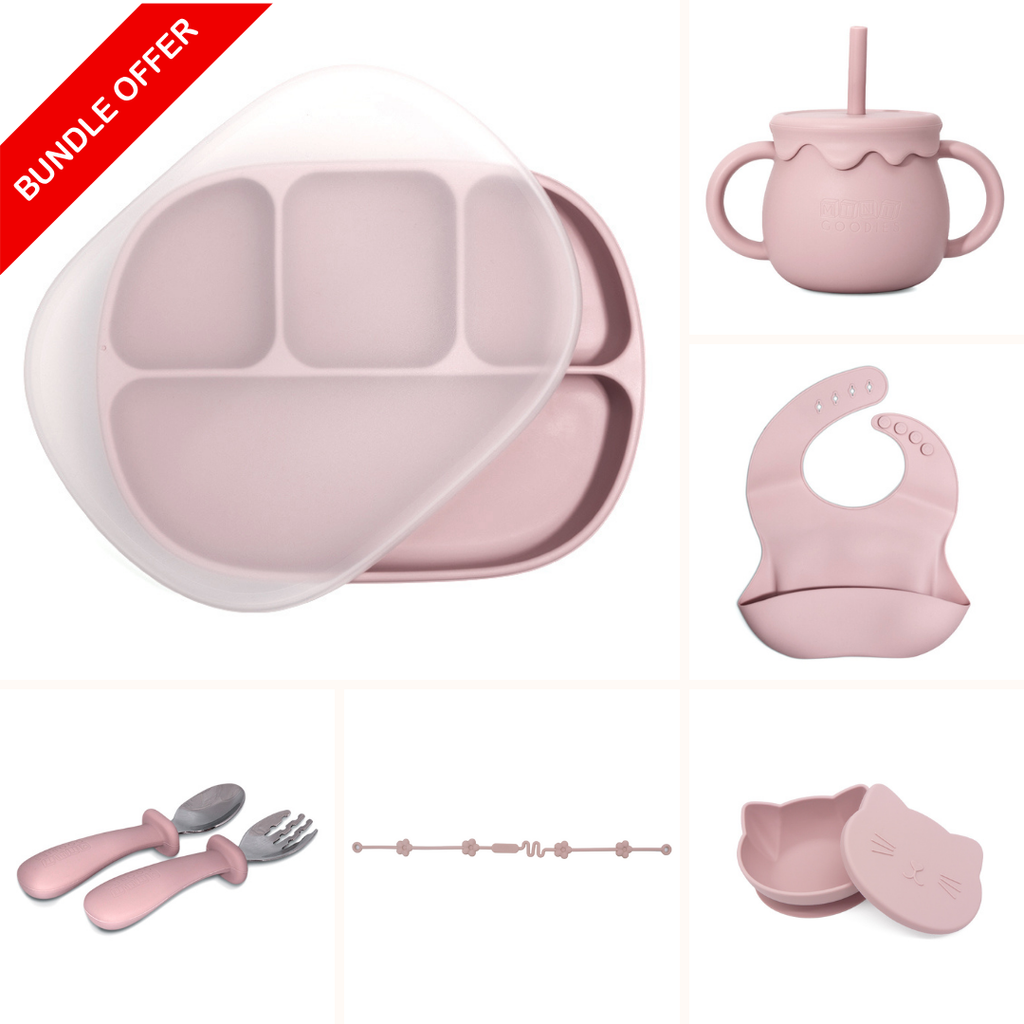 Alles voor zelfstandig eten: bord en kom met zuignap, roestvrijstalen bestek, slab en speenkoord