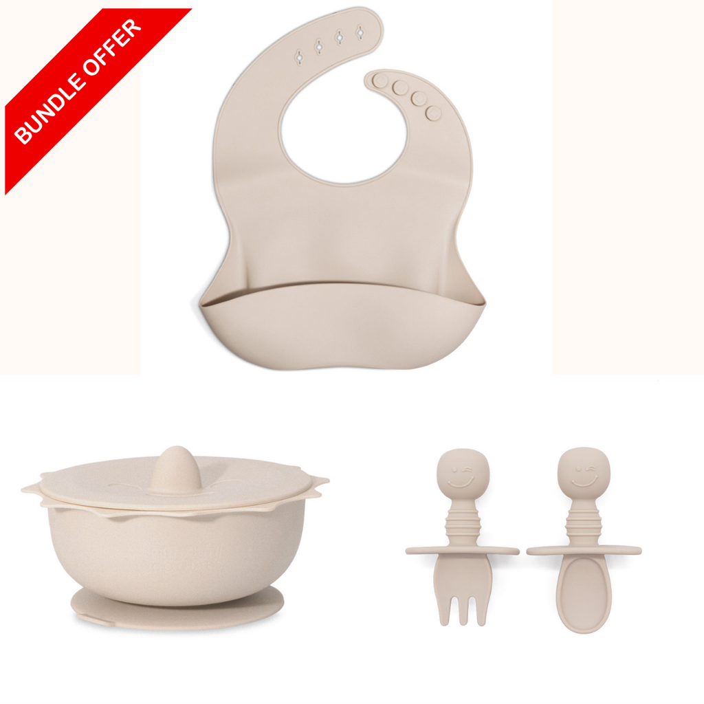 Siliconen kinderservies set met slab, oefenbestek en kom met zuignap en deksel voor baby’s en peuters