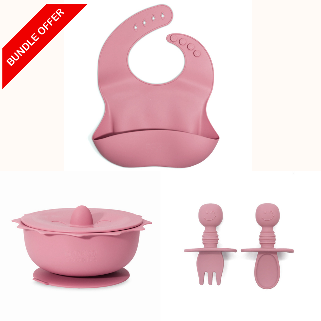 Complete eetset voor zelfstandig leren eten – slab met opvangbakje, antislip kom en kindvriendelijk bestek