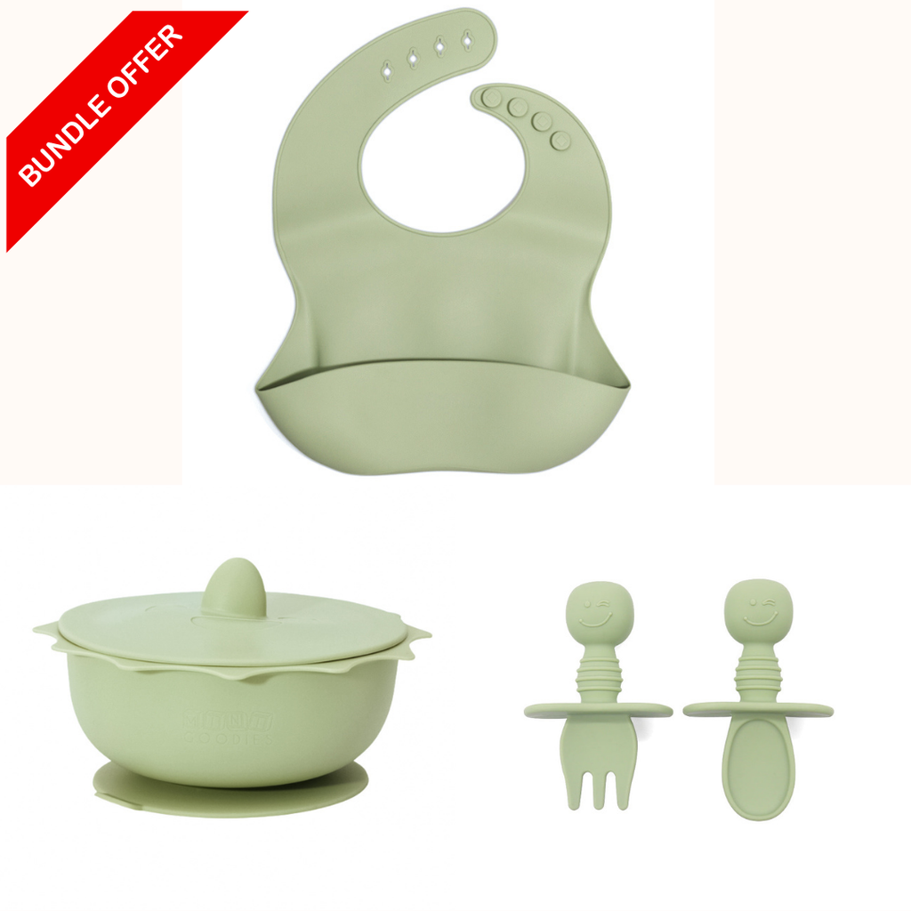 BPA-vrije siliconen baby servies set met zuignapkom, oefenbestek en zachte slab voor eerste hapjes