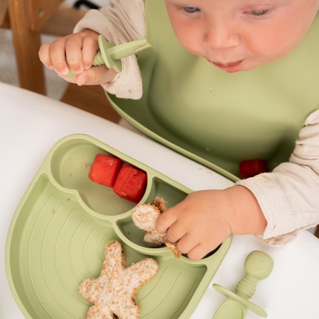 Siliconen oefenbestek voor baby's, stimuleert zelfstandig leren eten op een veilige en speelse manier