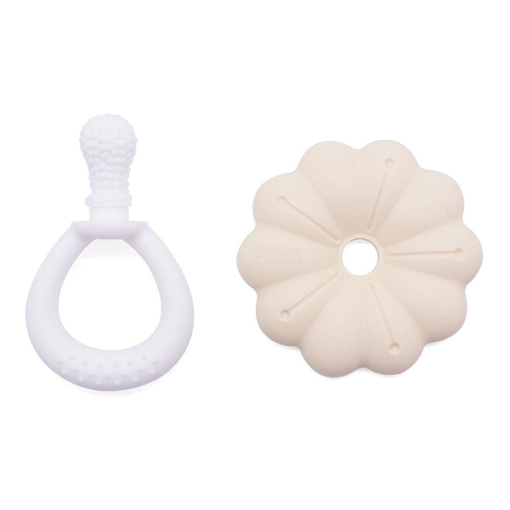 Detailfoto siliconen bijtring met structuur voor masserend tandvleescomfort.